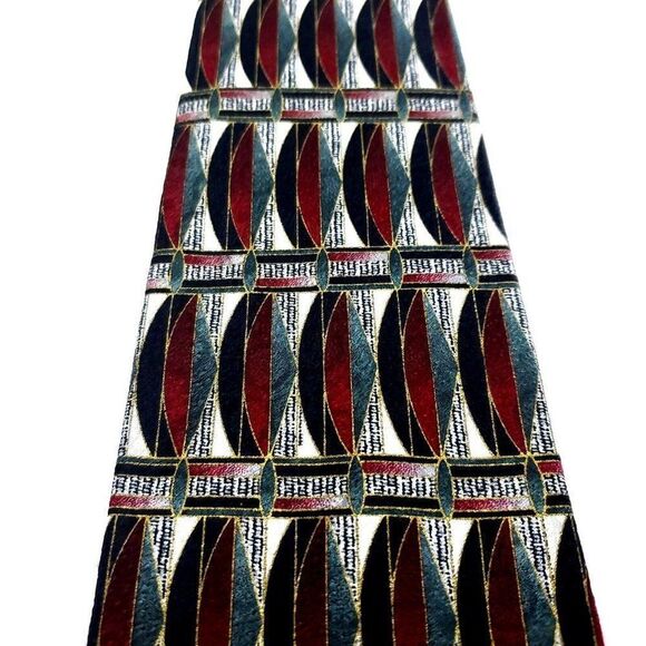 Pierre Cardin Gray Red Silk Tie Woven Wide Geometric - Picture 2 of 6